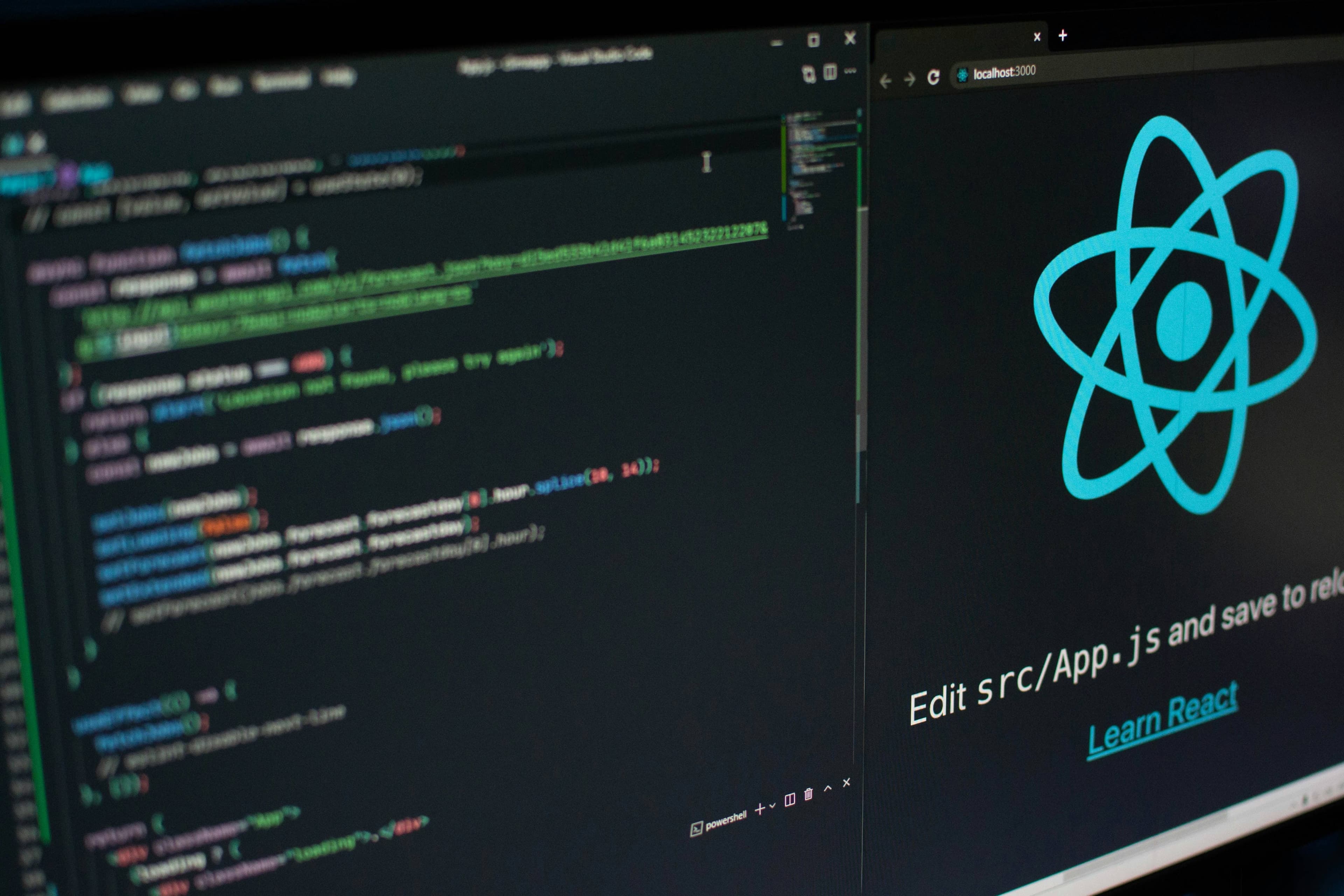 Full stack development workspace with code editor displaying responsive markup